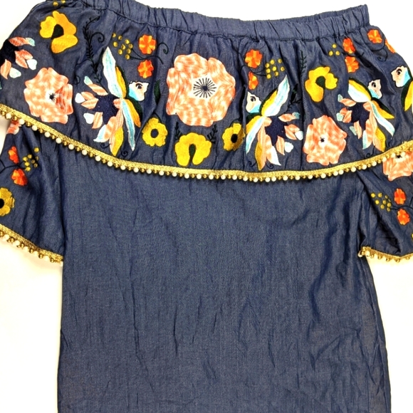 Boston Proper Blue Chambray Embroidered Beaded Ruffle Mini Dress - Picture 4 of 9